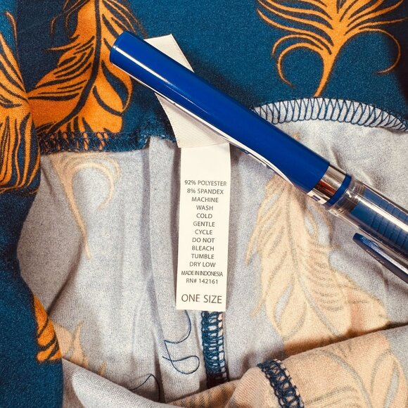 LuLaRoe Leggings Navy Blue with Gold Orange Feathers Peacock Ostrich One Size OS - Picture 4 of 6
